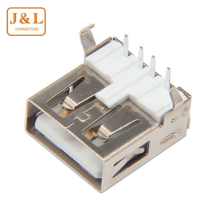 USB母座平口/A型接口铜针铁壳USB插座AF90度直脚/弯脚连接器